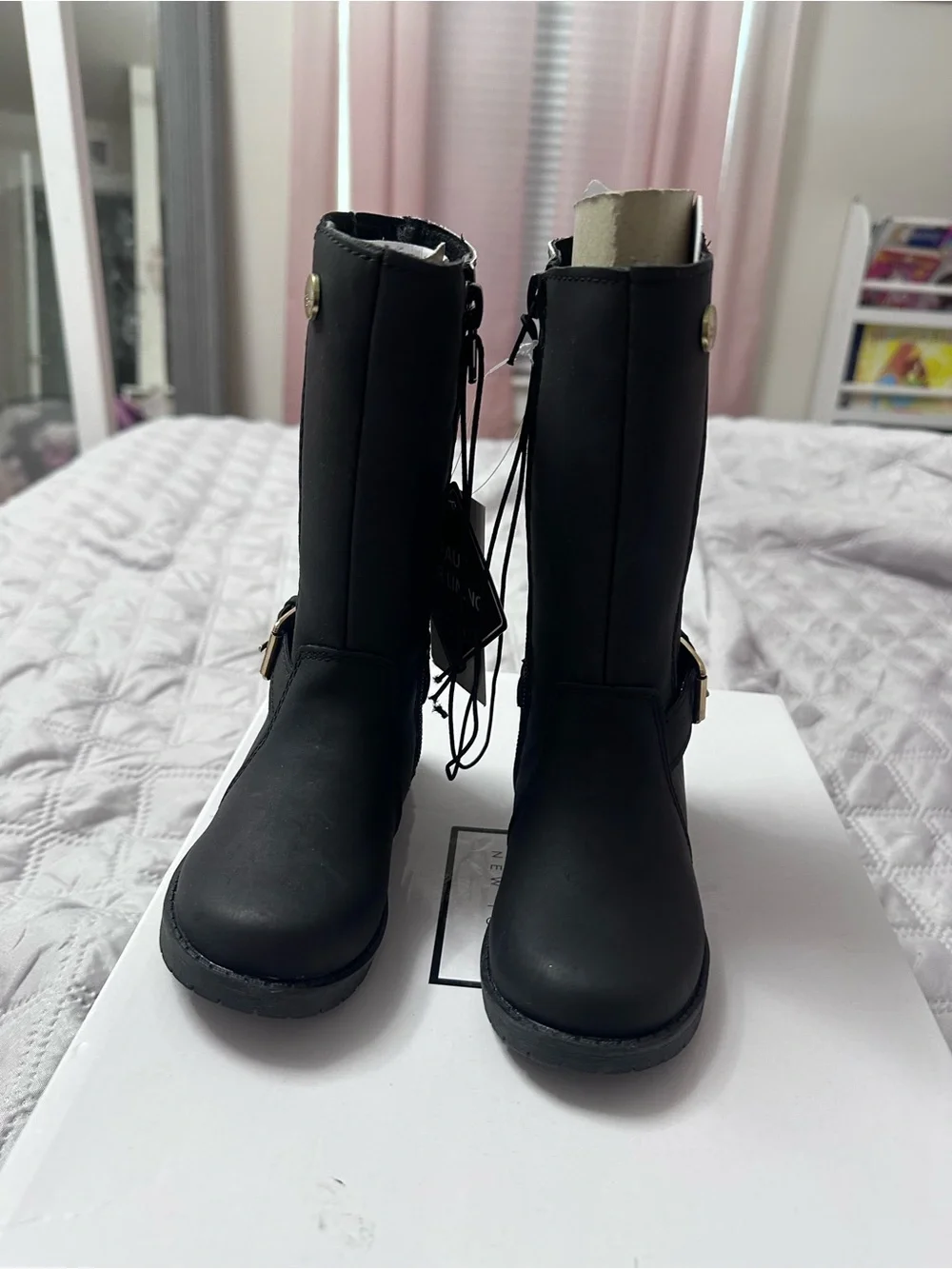 Girls' Black Mid-Calf Boots with Leopard Accent and Buckle